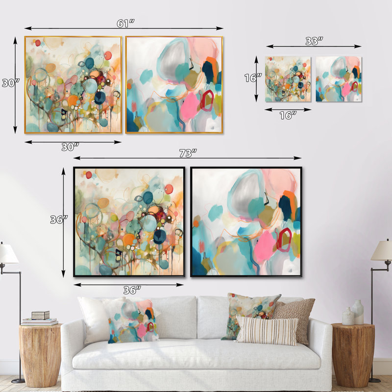 Ensemble de 2 collages carrés roses et bleus Minimalims Fludity, Cadre flottant noir, H 16 po x l 33 po