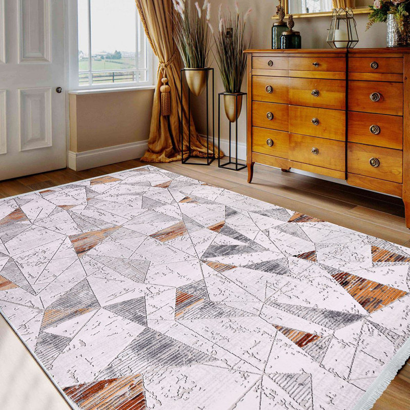 Tapis moderne / abstrait beige lavable à la machine antidérapant, Rectangle 3 pi 3 po x 5 pi