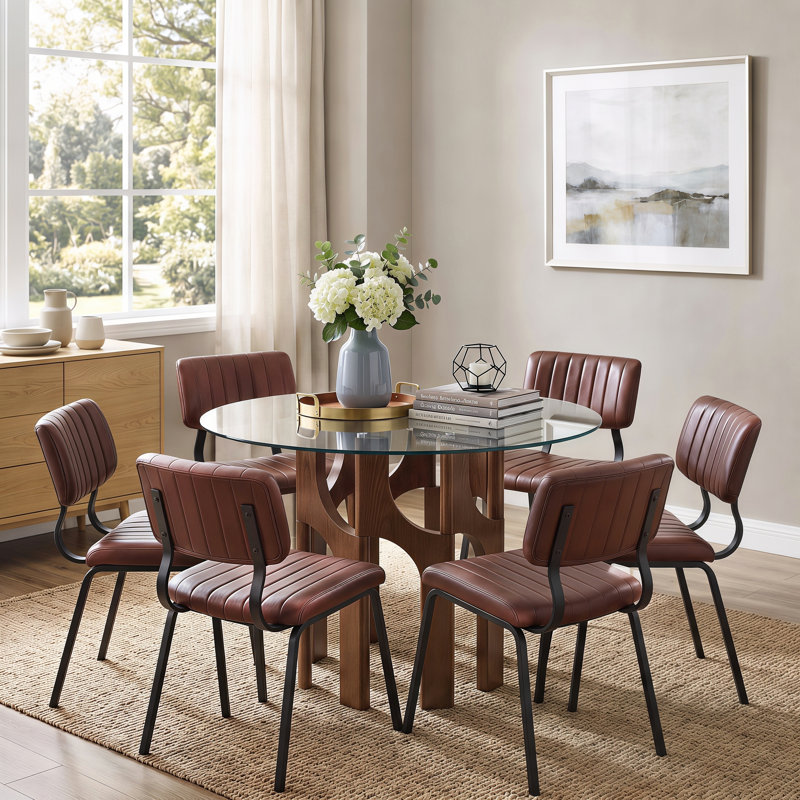 Ensemble de salle à manger rond 5 pièces en verre trempé avec chaises en similicuir, Brun