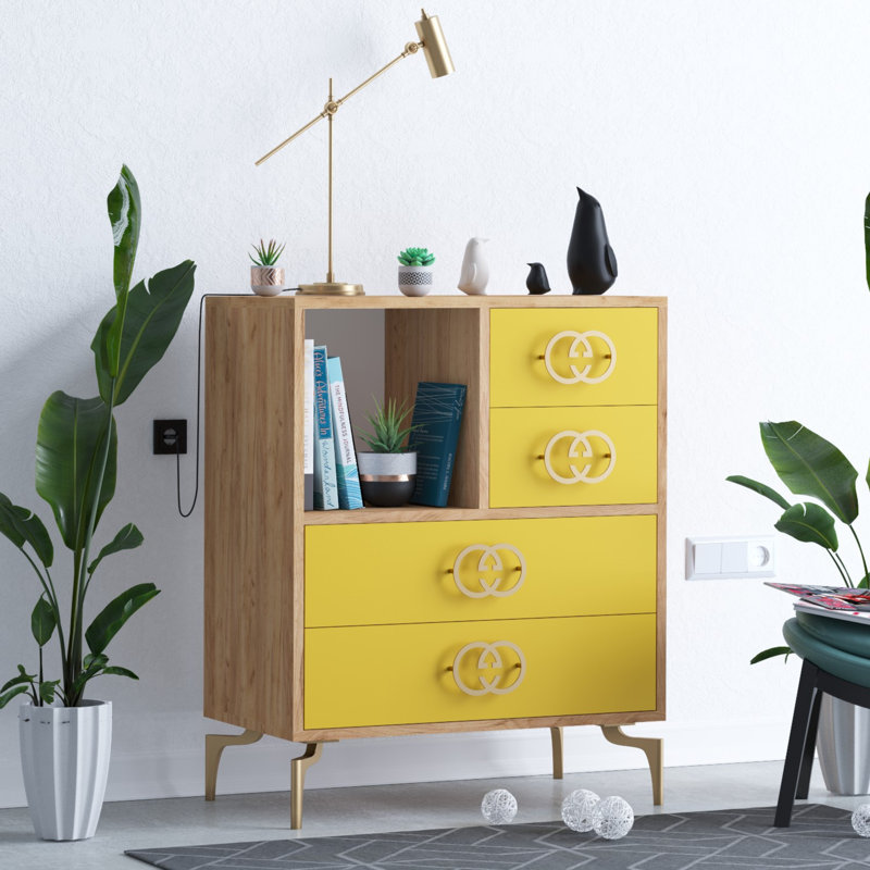 Commode décorative 4 tiroirs, Chêne / jaune