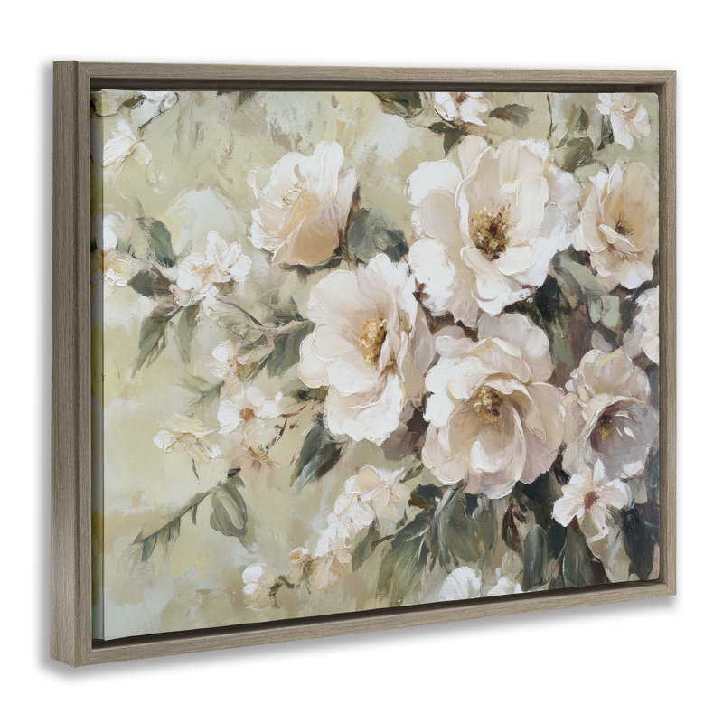  Art mural sur toile crème à fleurs dynamiques par Petal Prints Design, Cadre flottant orme Montalcino, H 17 po x l 21 po