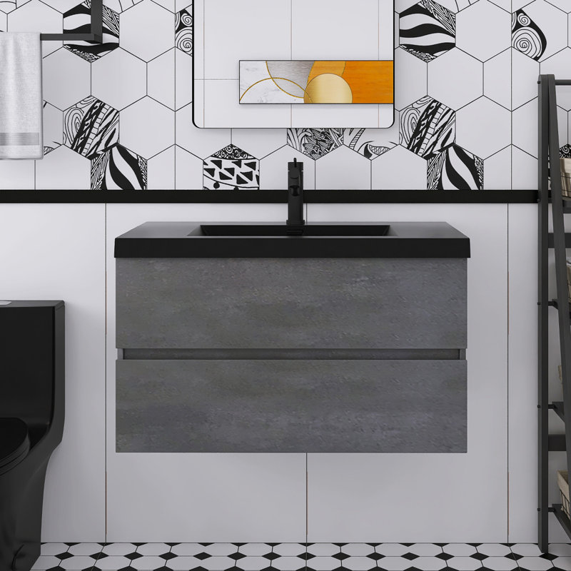 Armoire de salle de bain murale avec comptoir sable quartz noir, 35.43"