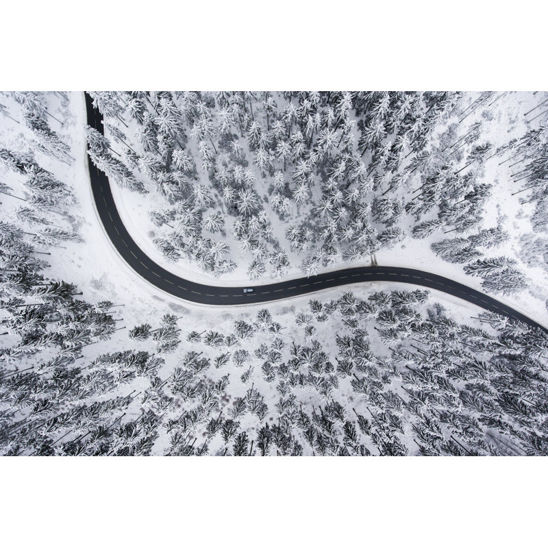 Road Through The Wintery Forest - Aerial View by Ollo - No Frame Print on Canvas, 61cm H x 91cm W