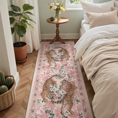 Gemini Oriental Tigers Washable Pink Runner with Non-Slip Backing
