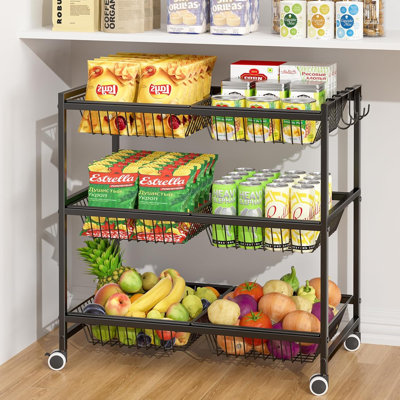 Chariot de rangement à 3 niveaux avec 6 paniers amovibles, support à fruits en métal avec roues, chariot de rangement pour les légumes et les fruits, chariot à collation