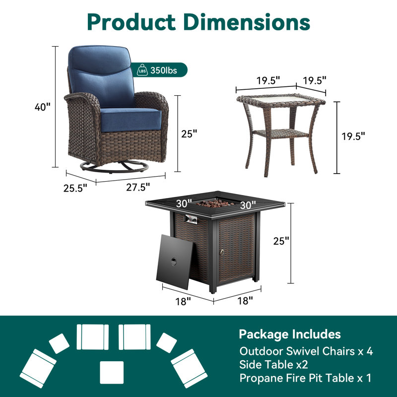 Himonia 4-Person Wicker Patio Square Metal Fire Pit Table Conversation Set With Swivel Gliders And Side Tables, Blue