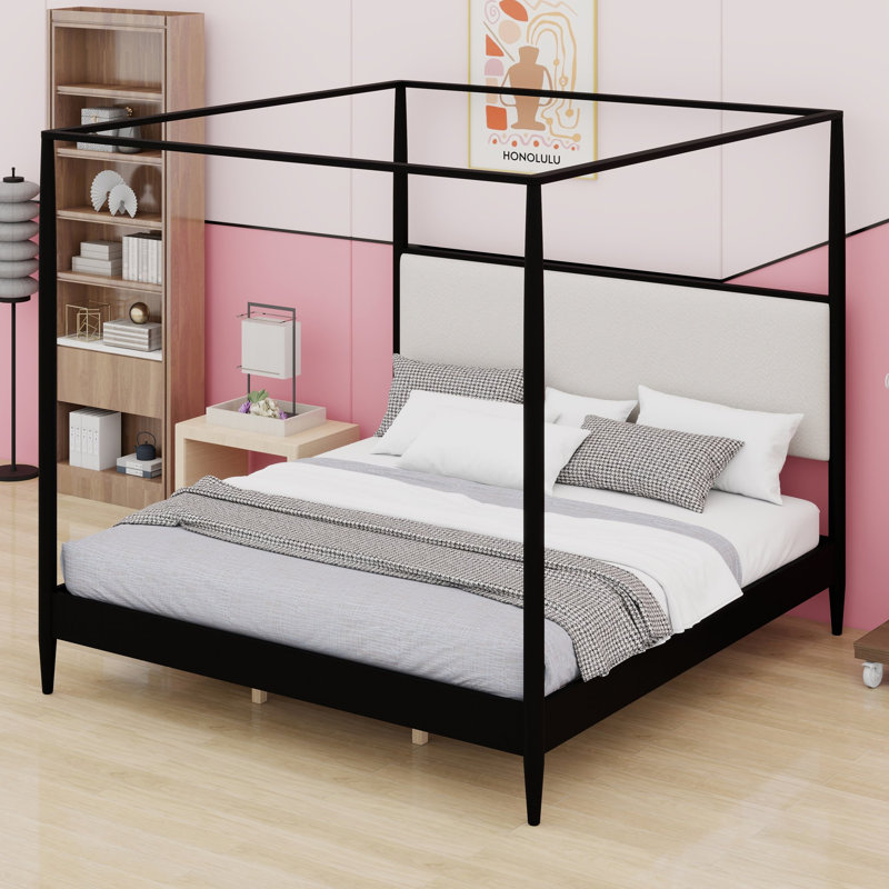 Cadre de lit à baldaquin avec tête de lit moelleuse et joints renforcés pour chambres de style milieu du siècle, Noir