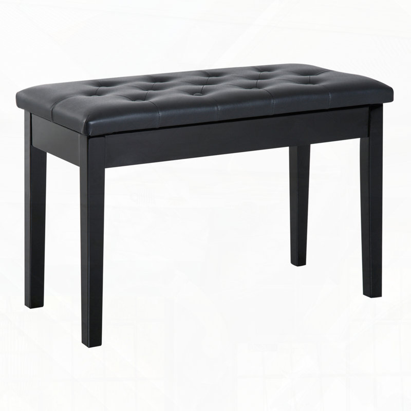 Button Tufted Faux Leather Padded Duet Piano Bench, Black