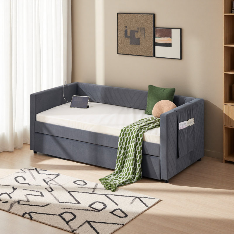 Twin Size Upholstered Daybed With Trundle,USB Port ,Side Pockets, Modern V-Grained Backrest Design,No Box Spring Needed, For Bedroom, Guest Room