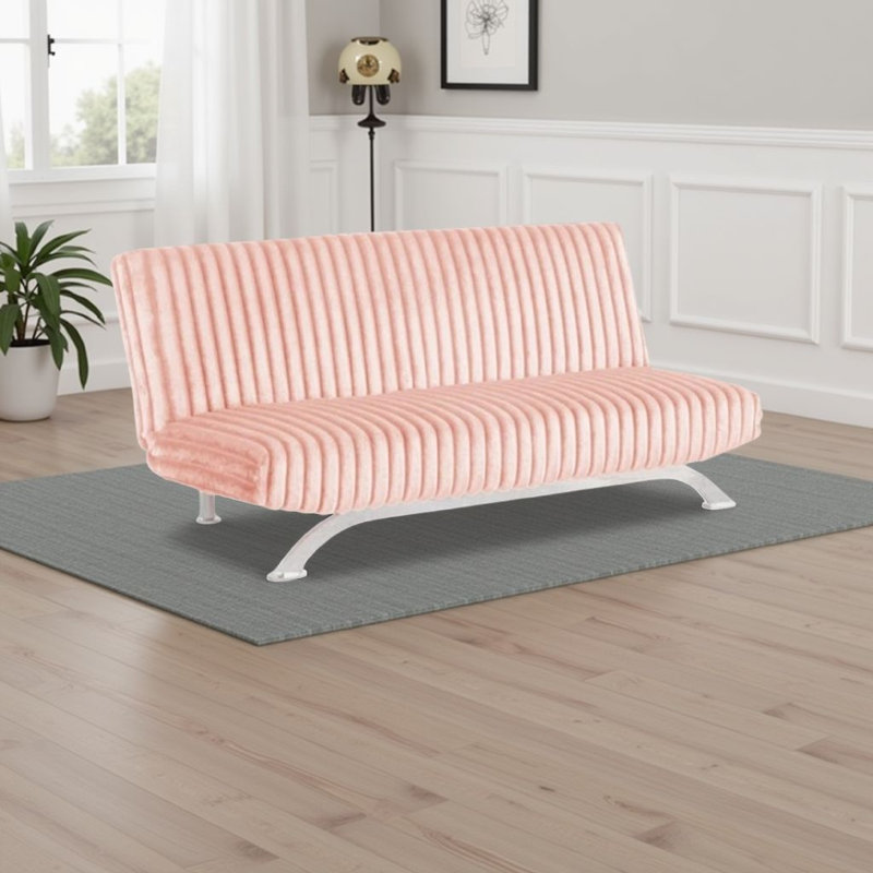 Villy Futon Sofa Bed, Chrome Metal Legs, Pink Channel Tufted Fabric, Pink Fabric
