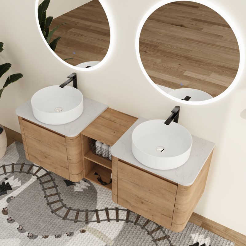 Greythor 60'' Wall-Mounted Double Bathroom Vanity With Ceramic Sink & Storage Shelves,60'' Double Bathroom Vanity Set With Engineered Stone Top