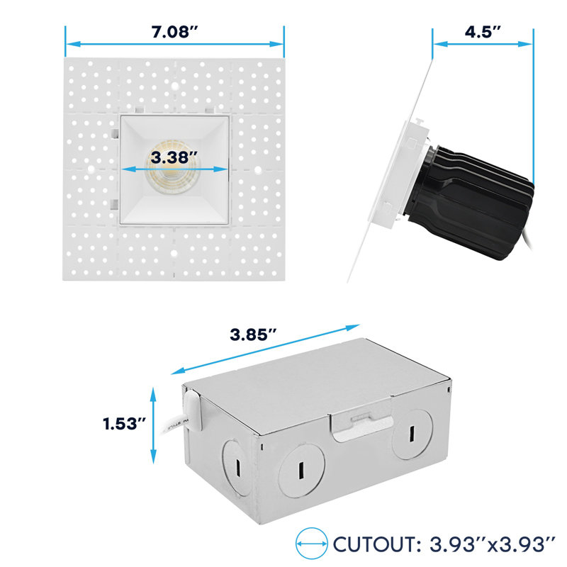 Projecteur encastré sans cadre 3 pouces DEL LUXRITE avec Jbox, Twist N 'Lock, 5CCT, 15W, 1000LM, CRI90, faisceau de 38 °, intensité variable, homologué IC, certifié humide, paquet de 4 ETL