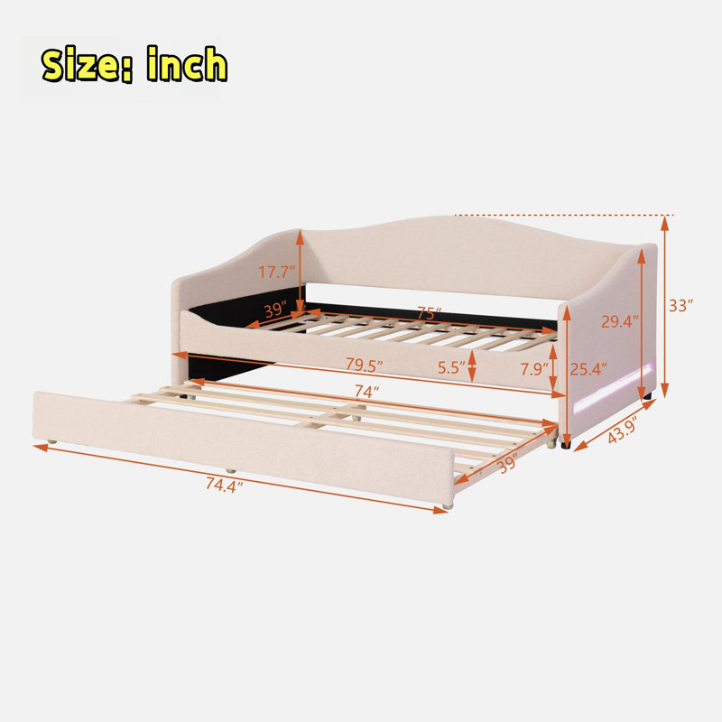 Taomi Upholstered Daybed with Light and Trundle, Beige, Twin