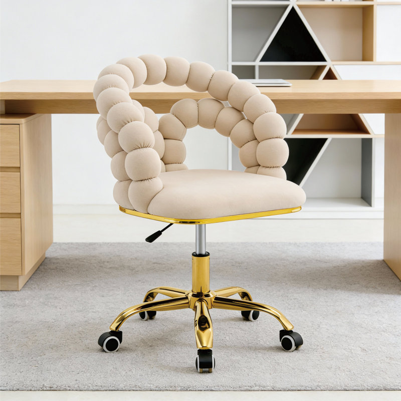Upholstered Velvet Hollow-Out Back Task Office Chair,Modern Adjustable Home Desk Chair Vanity Chair With Wheels, Beige