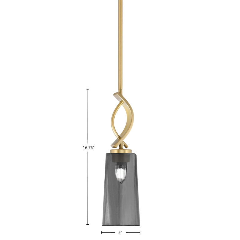 Mini suspension Waldes Stem Hung présentée en finition laiton New Age avec verre fumé bullé de 12,7 cm de largeur x 25,4 cm de hauteur