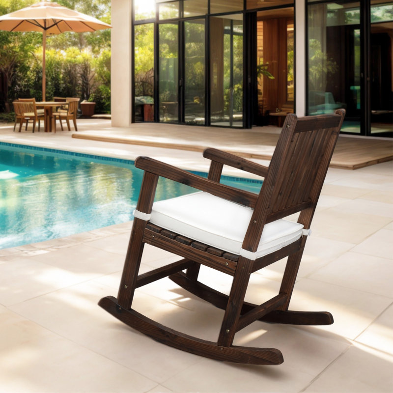 Chaise berçante en bois de sapin massif avec dossier carré et assise rembourrée, Coussin blanc / panneau brun