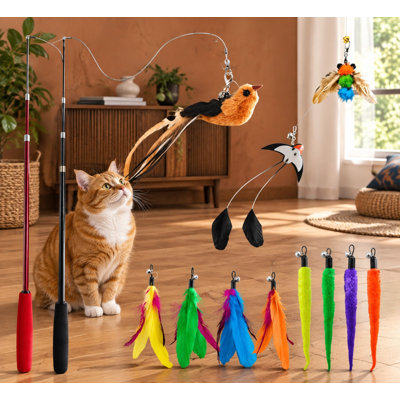 Ce kit de baguette interactif comprend 2 tiges télescopiques et 11 accessoires, dont 2 cannes à pêche rétractables, des leurres de rechange en forme de vers, d'oiseaux et de plumes, ainsi qu'un jouet à ficelle résistant pour chat.