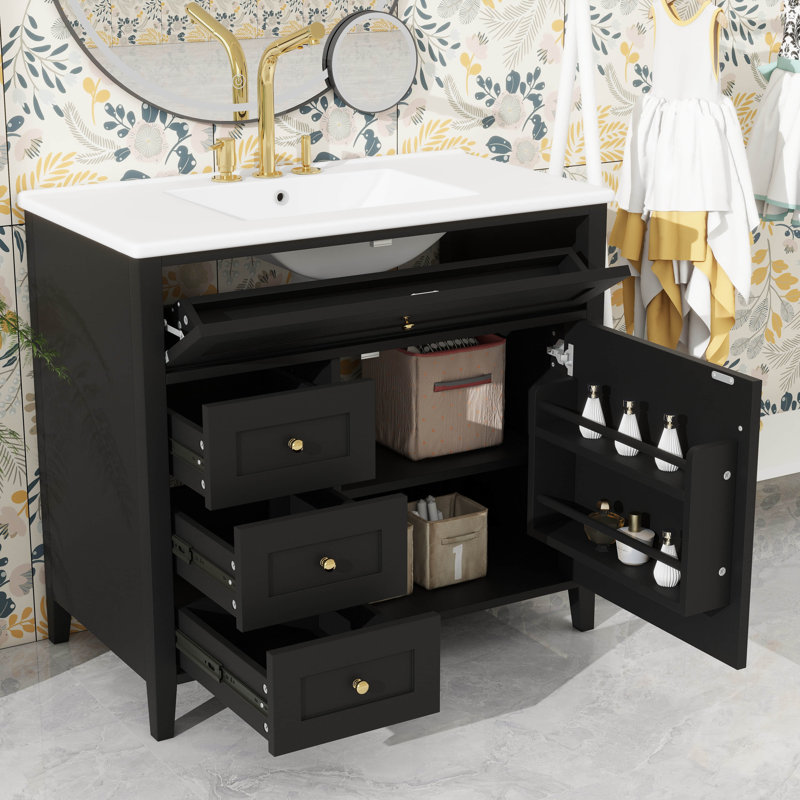 Meuble-lavabo autoportant 36 po avec lavabo, armoire moderne en bois aggloméré et bois d'hévéa, 3 tiroirs, tablette réglable