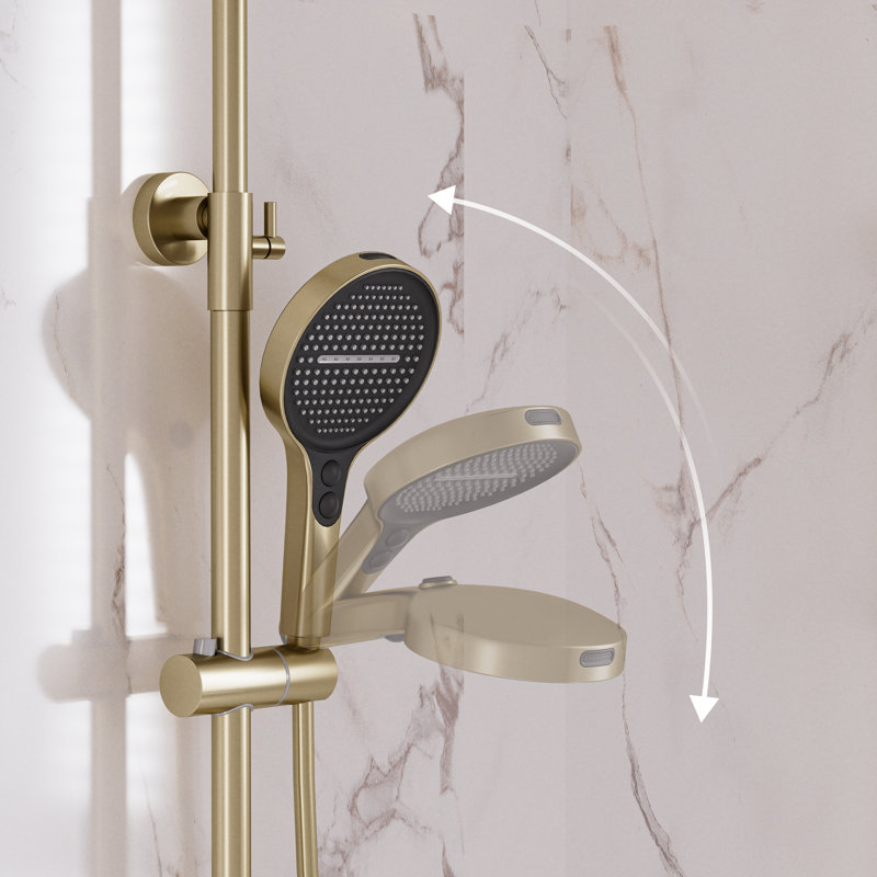 Système de douche à pluie ronde, tête 10 po, 3 fonctions à main, haute pression, anti-calcaire, or brossé, Or brossé