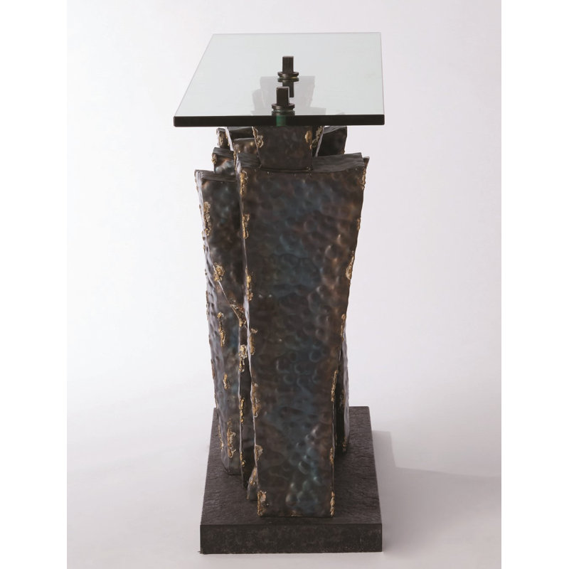 Brutalist Brass Braised Metal & Glass Console Table