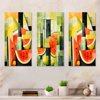 Cubic Green Watermelon Pattern I - Melon Canvas Art Print Set Of 3