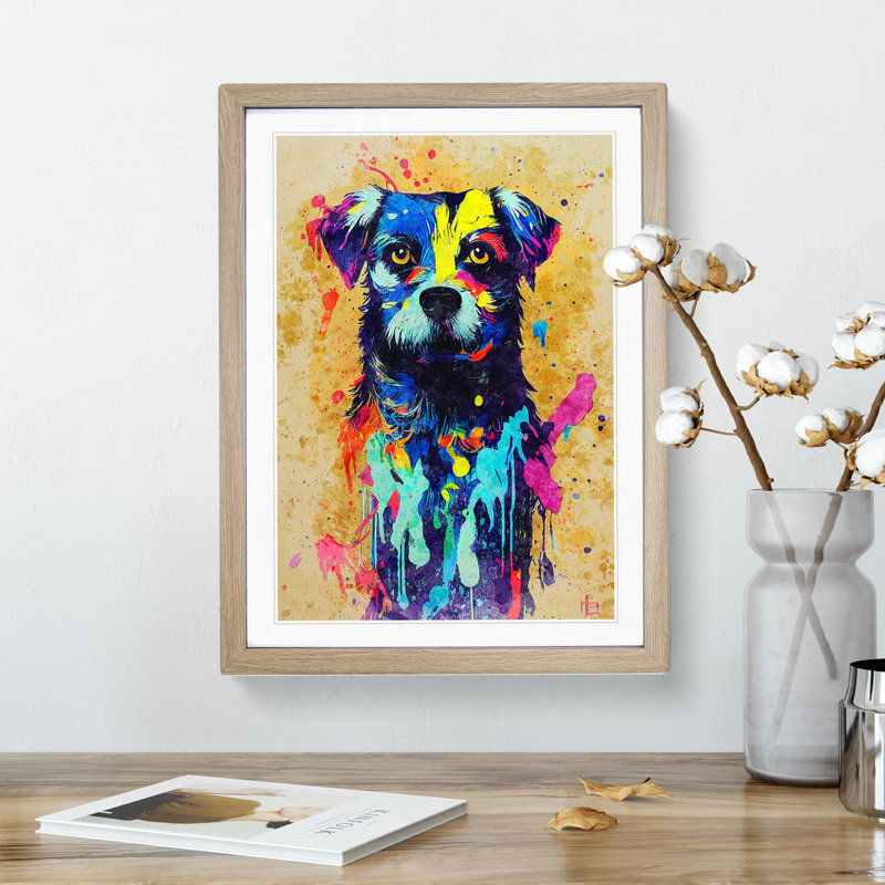 Dog Paint Splash No.4 - Single Picture Frame Painting, Oak, 34cm H x 25cm W x 2cm D