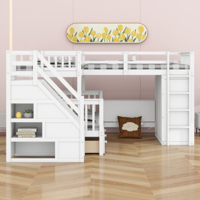 Jamelah Twin-Twin over Full L-Shaped Bunk Bed With 3 Drawers, Portable Desk and Wardrobe
