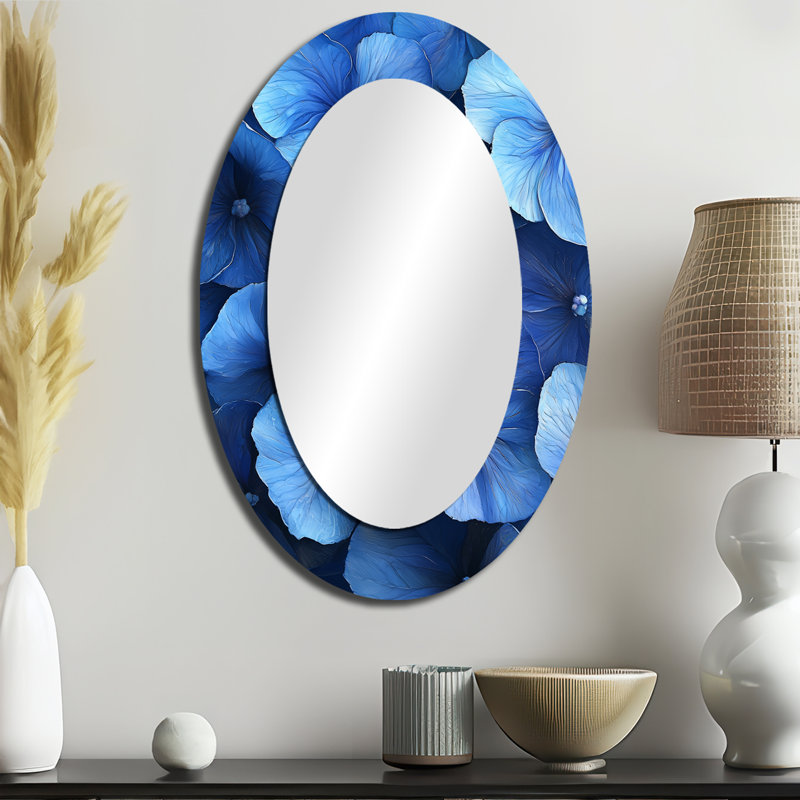 Aqua Poppies Collages of Tranquility III - Miroir mural moderne bleu ovale, 36" x 24"