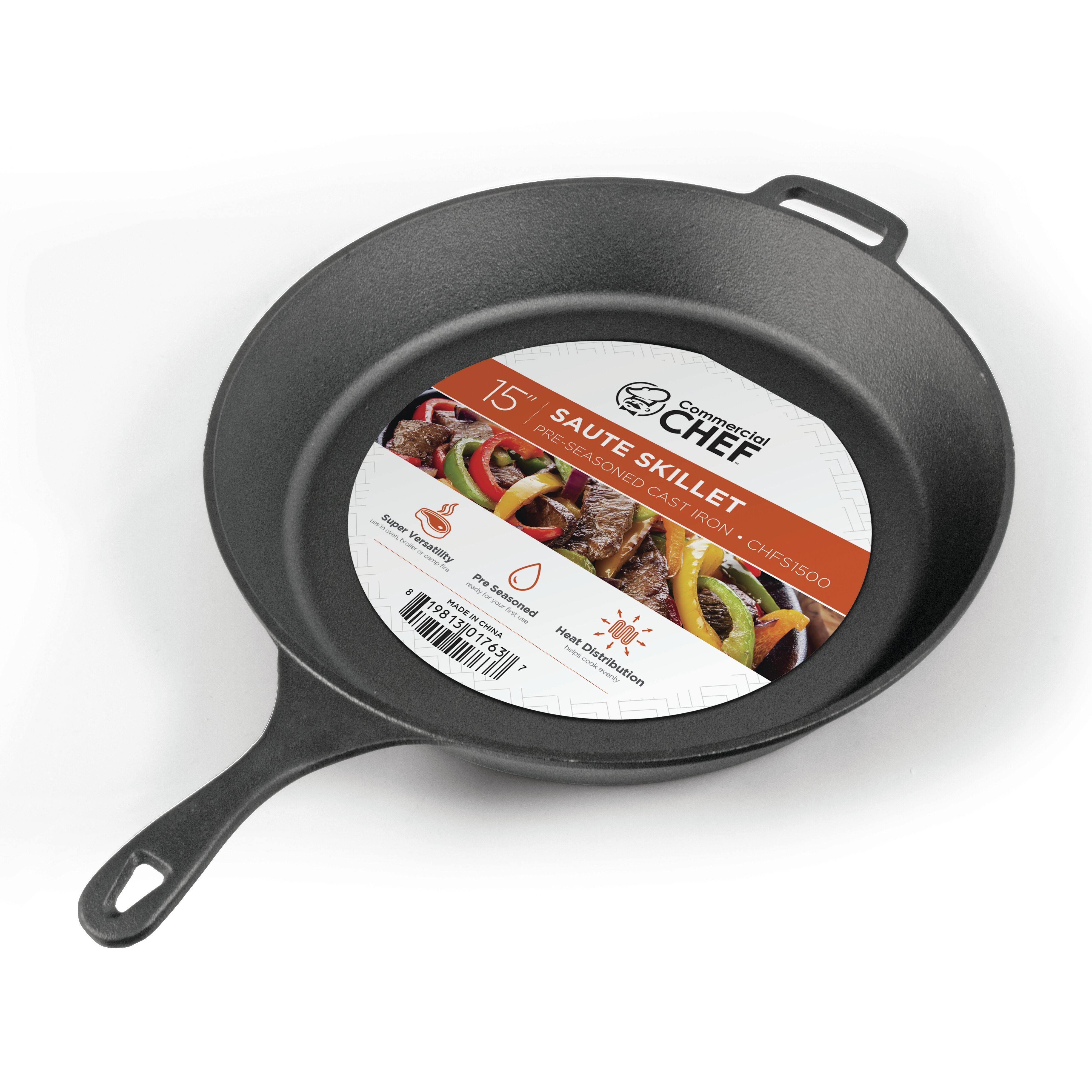 15 Inch Cast Iron Skillet Frying Oven With Handle Cooking Pre-Seasoned  Cookware