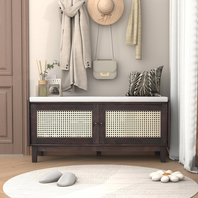 Banc d'entrée en rotin avec rangement Boho, banc à chaussures rembourré avec portes doubles, banc de rangement en bois