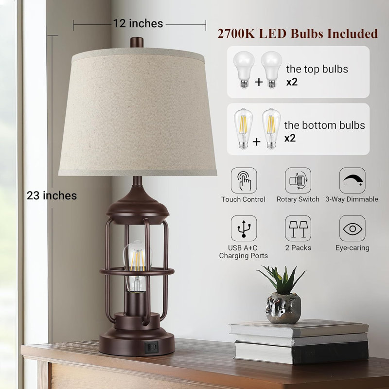Set of 2 Table Lamps with USB and Touch Dimming