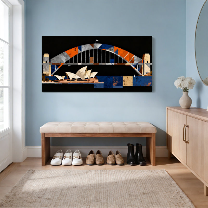 Ensemble de 1 tableau abstrait en toile tendue représentant le pont et l'opéra de Sydney, H 12 po x l 36 po