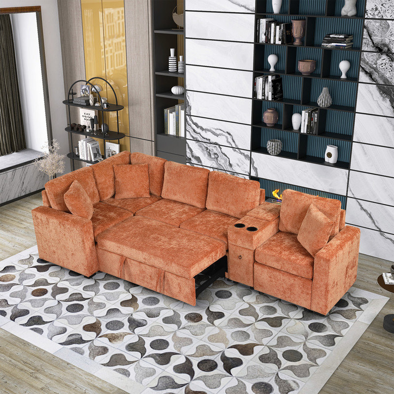 Canapé-lit convertible en L avec console et rangement, Chenille orange