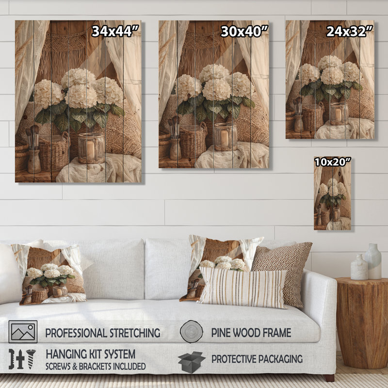 Boho Hydrangeas By The Boho Tent II - Hydrangea Wood Wall Art - On Natural Pine Wood, 40" H x 30" W x 0.78" D
