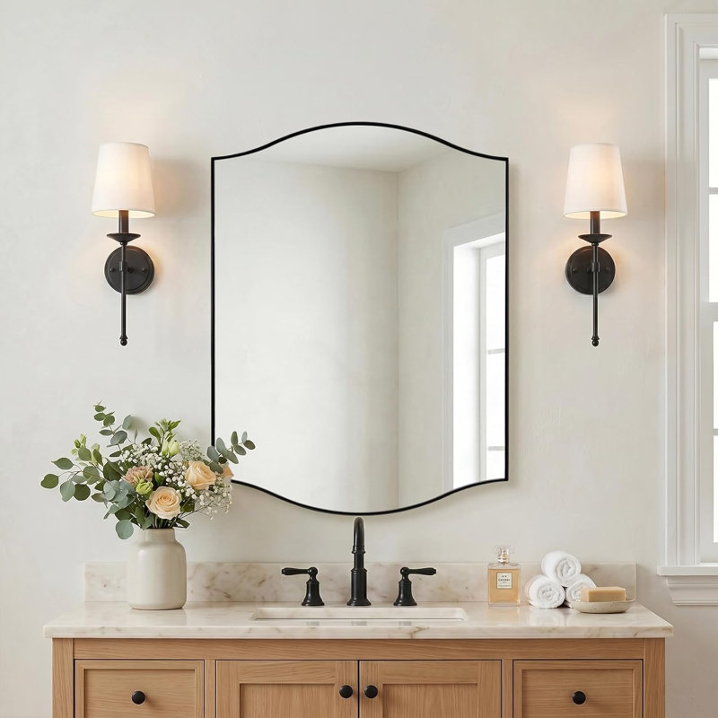Dual Arch Scalloped Rectangular Bathroom Wall Mirror | Stainless Steel Frame, Matte Black, 32" x 24"