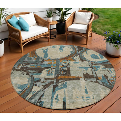 8' Beige Brown And Copper Round Geometric Washable Indoor Outdoor Area Rug