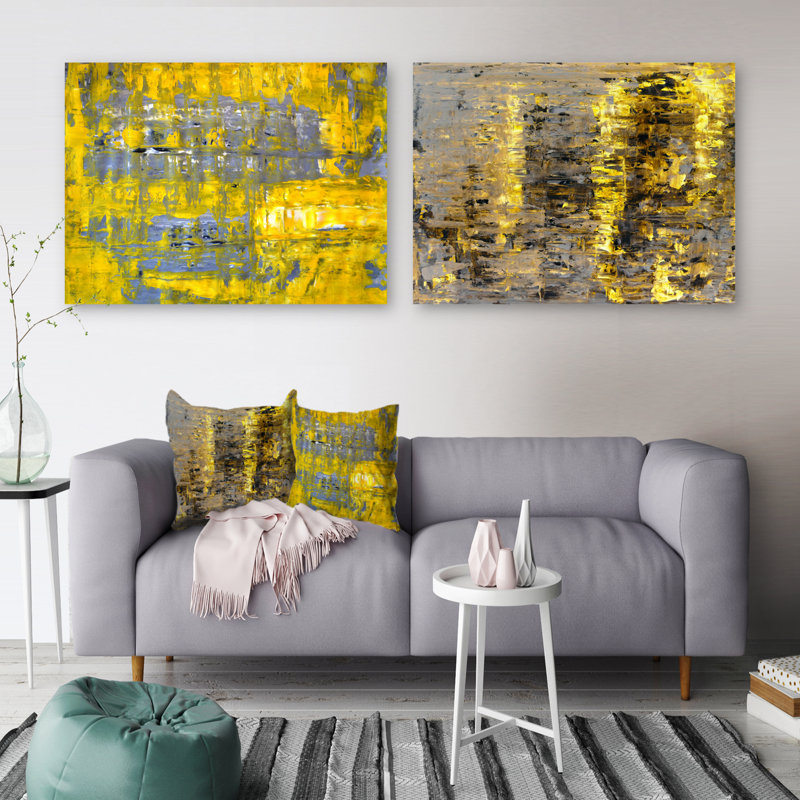 «Yellow Meets Gray Abstract Art», ensemble de 2 peintures sur toile tendue, H 30 po x l 80 po x P 1,5 po