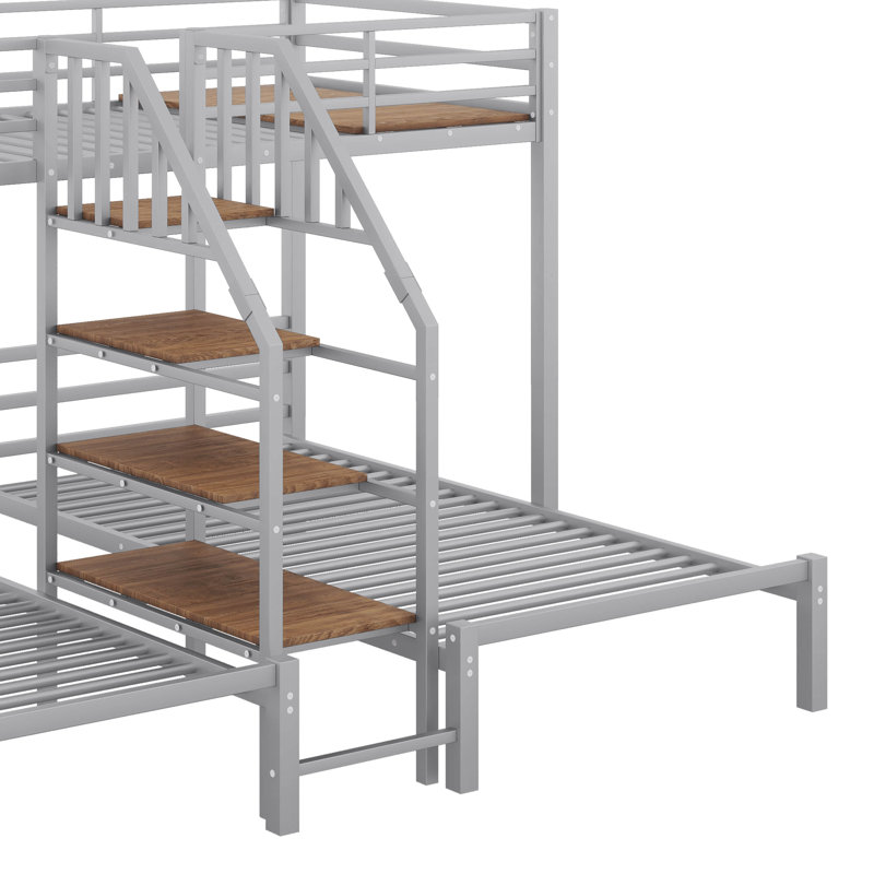 Metal Triple Bunk Bed For 3,Twin Over Twin&Twin Size Bunk Beds With Storage Shelves Staircase, Silver