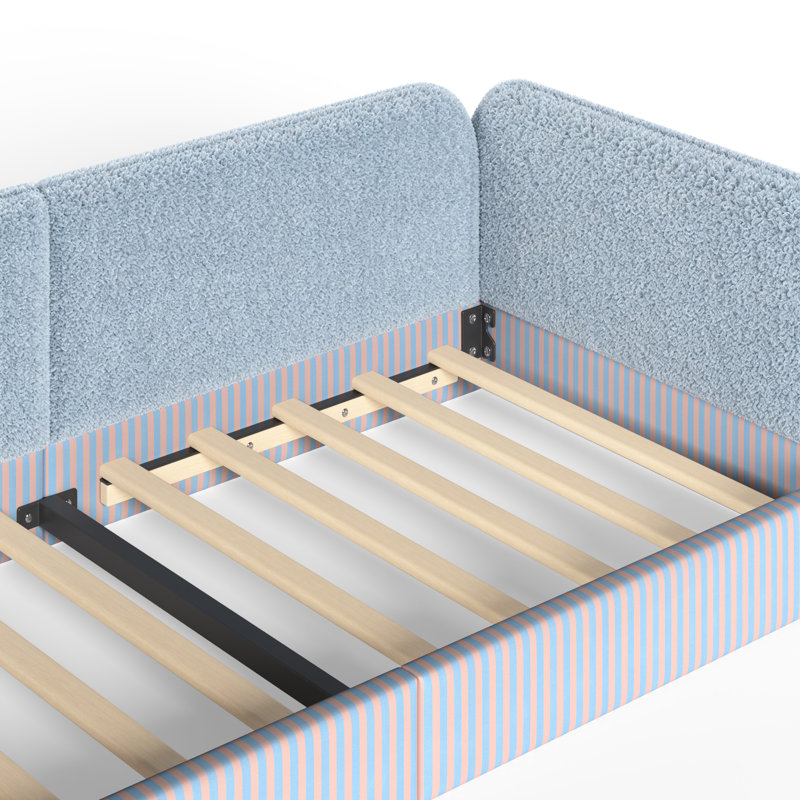 Lit plateforme rembourré Montessori avec garde-corps rembourrés - Lit plateforme en molleton Teddy, Lit simple, Bleu