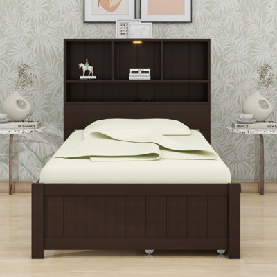 Wood Platform Bed With Bookcase Headboard, Built-In Downlight, Charging Station And Drawers