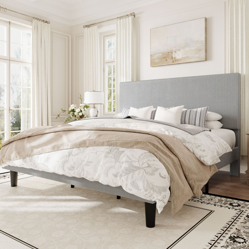 Modern Corduroy Platform Bed With Adjustable Headboard,Maximize Space With Under-Bed Storage,No Box Spring Required, King