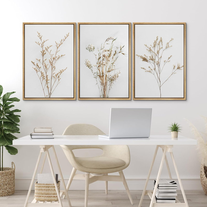 Wildflower Floral Botanical Neutral Boho Minimalist Framed Canvas 3 Pieces Pictures Print Wall Art, 24" H x 16" W x 1.5" D