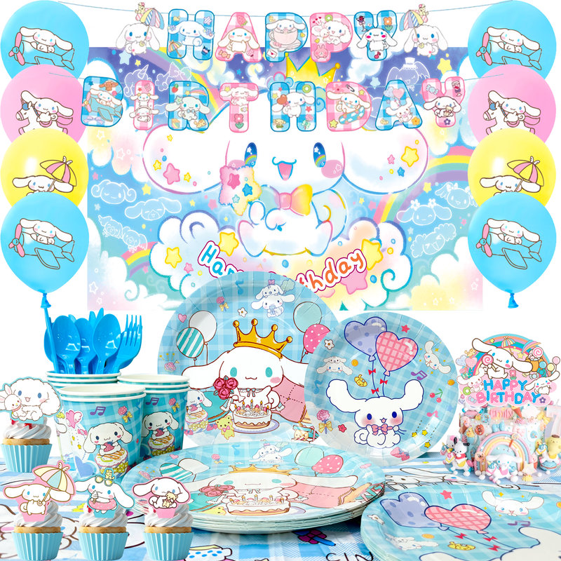 Décorations de fête d'anniversaire Cinnamoroll, 108 pièces d'articles de fête Cinnamoroll et ensemble de vaisselle pour enfants Cinnamoroll