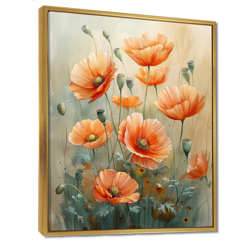 Orange Poppies Whispers Of Love - décoration murale coquelicots, Cadre flottant doré, H 12 po x l 20 po