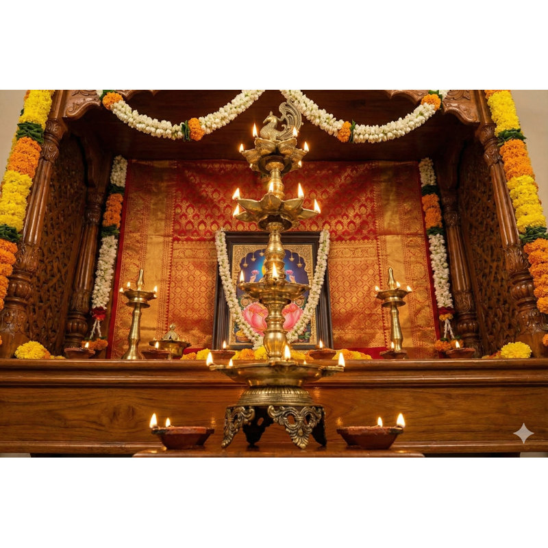 Grande lampe à huile en forme de paon en laiton faite à la main avec paon de 37 pouces - grand temple Diya avec 31 flammes, décor indien symbolique et accent de Puja