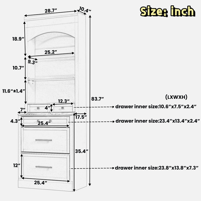 Garde-manger moderne avec plateau en faux marbre, 5 tiroirs et une tablette réglable