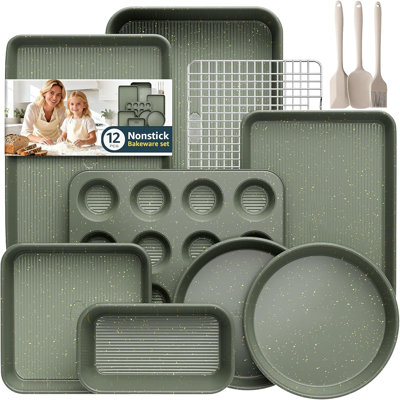 12-Piece Stackable Ceramic Coated Carbon Steel Bakeware Set, Nonstick Baking Pans with Tools for Kitchen Home Baking