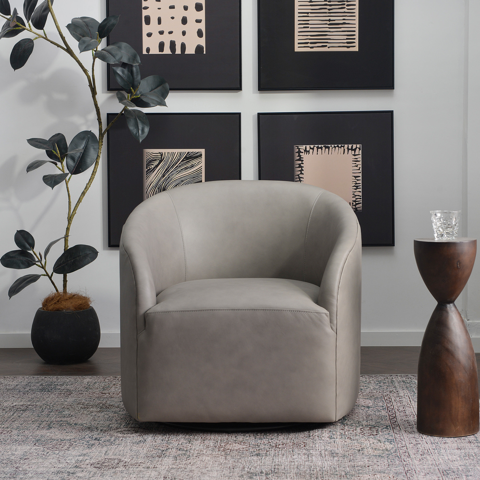 Orion Genuine Leather Swivel Barrel Armchair, Gray