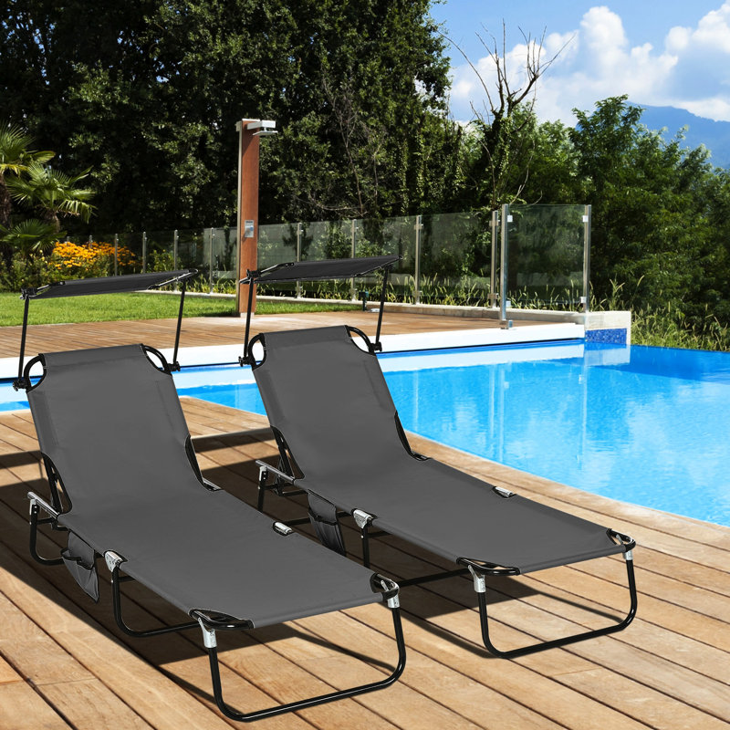 Chaises de jardin pliantes avec auvent et tissu - Poche latérale pliable d'extérieur gris foncé