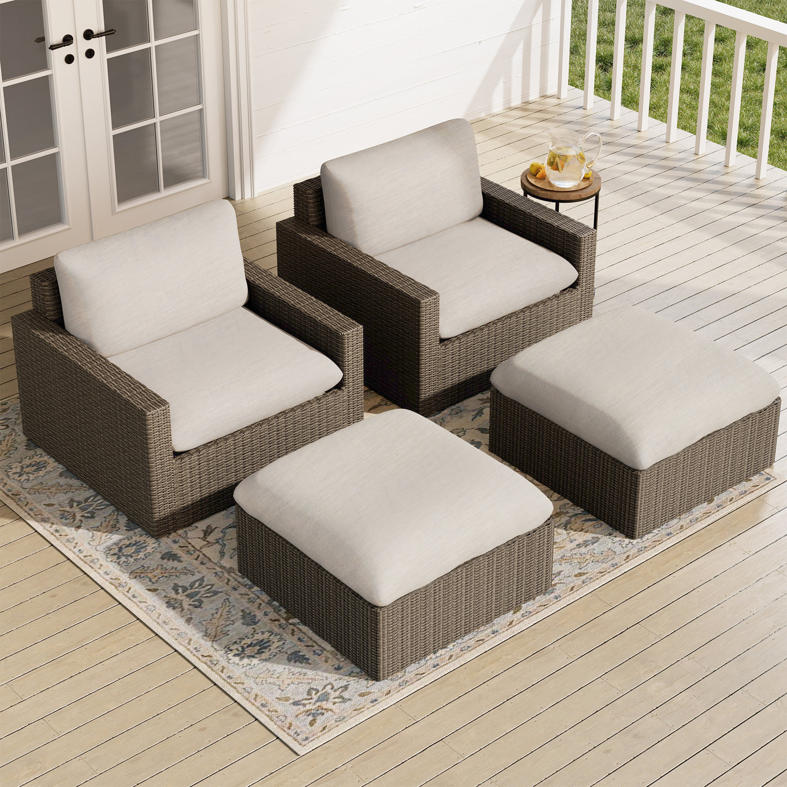 Pippa 7-Person Patio Seating Group, 4Pcs:2 Ottomans, 2 Armless Sofas
